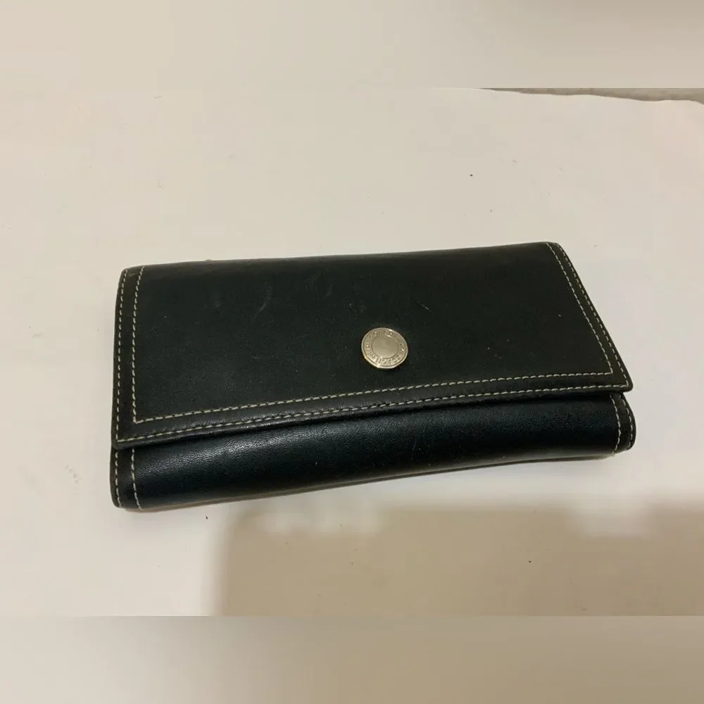 COACH Black Leather Trifold Wallet Clutch Button Snap 4”x8”